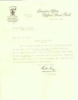 Letter dated 14 April 1934 from G. H. Gray to Assistant Teachers York Schools.