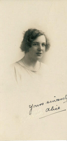 Yours sincerely Alice. Portrait photograph.