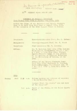 XIth Olympic Games Berlin 1936. Congress of Physical Education. Programme of events. 25 May 1936.