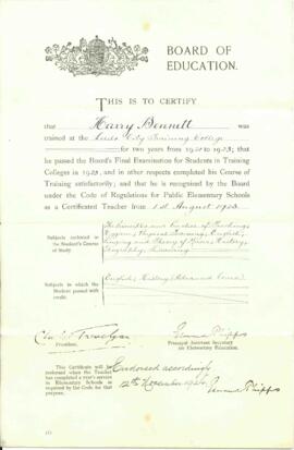 Board of Education Teaching Certificate for Harry Bennett. Dated 1 August 1923