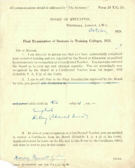 Board of Education Final Examination of Students in Training Colleges, 1923. Harry Bennett Esq. Form 24 T.C. (1)