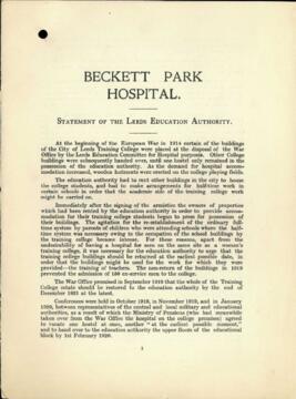 Leeds Education Authority. Beckett Park Hospital. 1924