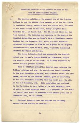 Memorandum Training College in relation to military occupation. ca. 1921
