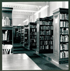 Library shelves and table/chairs.