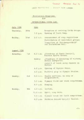 Provisional programme for International Youth camp. February 1936
