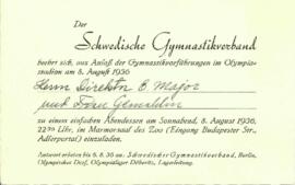 Invitation. Der Schwedische Gymnastikverband. 8 August 1936