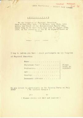 Application form to the congress of Physical Education
