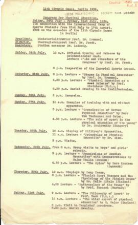 11th Olympic Games, Berlin 1936. Congress for Physical Education. Itinerary