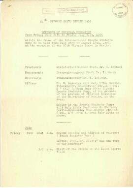XIth Olympic Games Berlin 1936. Congress of Physical Education. Itinerary