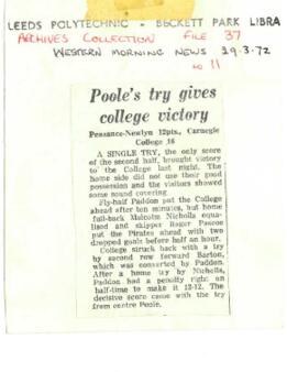 Poole’s try gives college victory. Western Morning News
