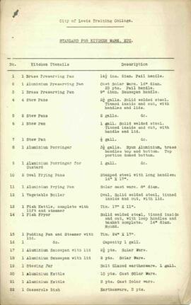 City of Leeds Training College. Standard for Kitchen Ware Etc.dated September 1929