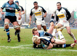 Rugby tackle made on Tom Biggs playing for Leeds Tykes