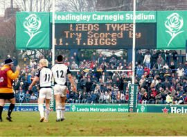 Scoreboard after Tom Biggs scores a try.