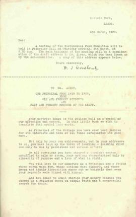 Notification of Testimonial Meeting, dated 4 March 1933