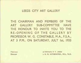 Invitation to reopening of Leeds City Art Gallery, dated 1 July 1933