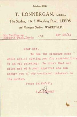 Note on headed notepaper. T, Lonnergan, dated 25 May 1933