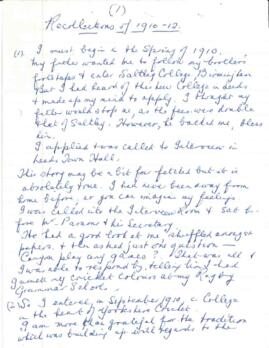 “Recollections of 1910-12” handwritten memoir written by Thomas Halliwell
