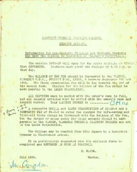 Carnegie Physical Training College Session 1936-37. Information