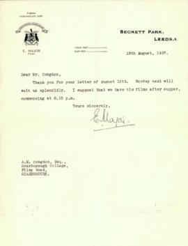 Letter from E. Major to Mr. Congdon dated 13 August 1937