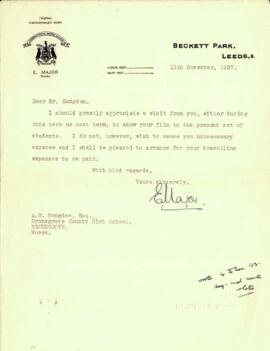 Letter from E. Major to Mr Congdon dated 16 November 1937