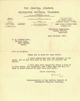 Letter from the Central Council of Recreative Physical Training to Mr Congdon dated 22 November 1937