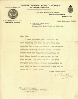 Letter from Worcestershire County Council to Mr. A. M. Congdon dated 22 February 1936